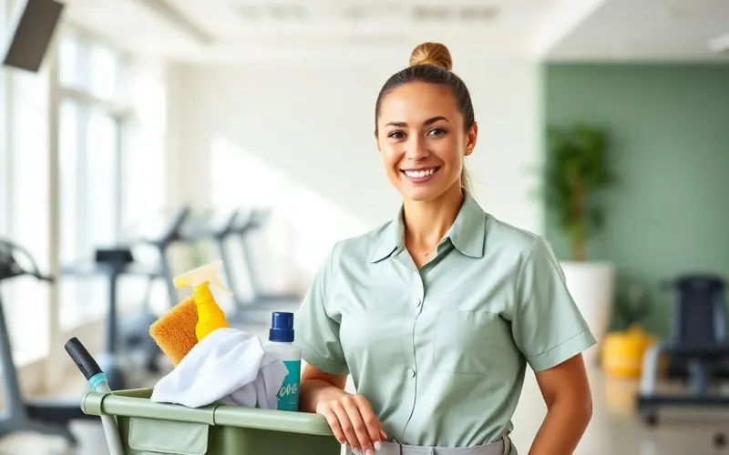 Freundliche Reinigungskraft mit Reinigungswagen in einem Fitnessstudio