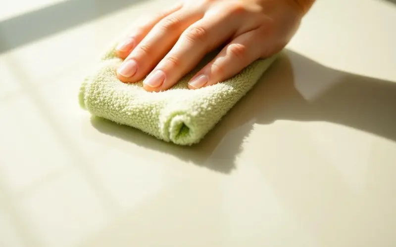 Hand wischt eine glänzende Oberfläche mit einem Mikrofasertuch